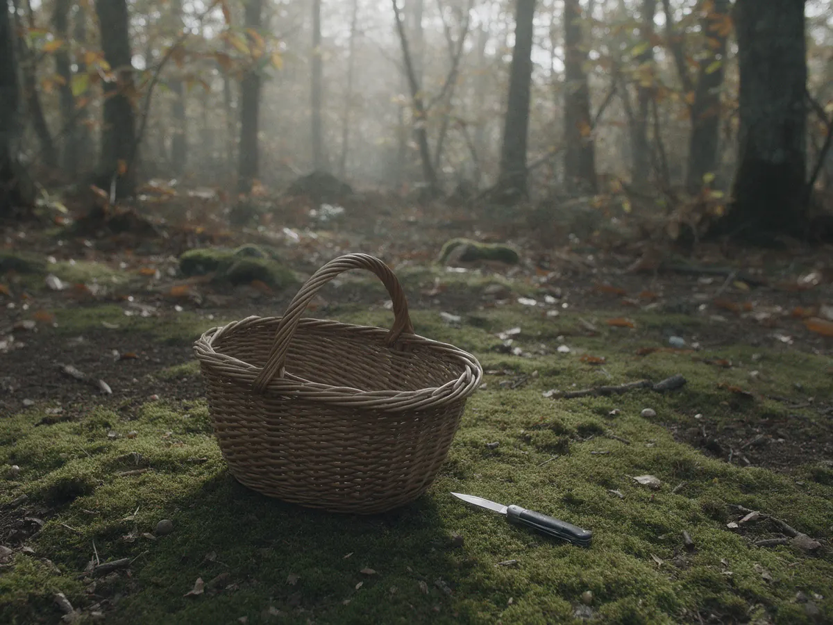 Panier en osier vide et couteau pliant posés sur la mousse d'un sous-bois brumeux en automne