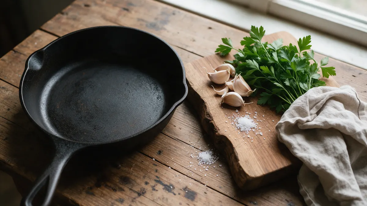 Poêle en fonte vide, gousses d'ail, persil plat et gros sel sur une table en bois